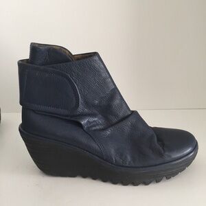 Fly London Women Leather Ankle Booties Round Toe Hook & Loop Wedge Heel EU38